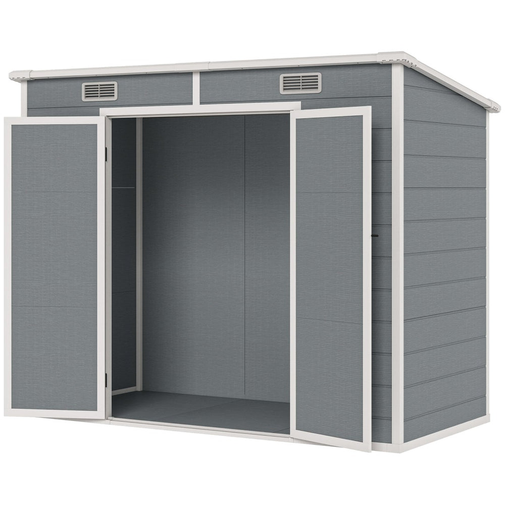 English Elm Backyard Polypropylene Shed with Peaked Roof Double Doors and Cottage Style Paneling T3971S00083