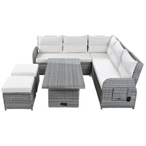 English Elm Outdoor Rattan Furniture Set With Adjustable Recliners, Versatile Tables, And Ottomans For Patios N719Z000120A-GIGA