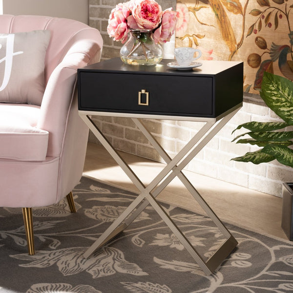 Baxton Studio Baxton Studio Patricia Modern End Table with Black Wood and Brass Legs - Stylish Storage Solution JY1956-ET