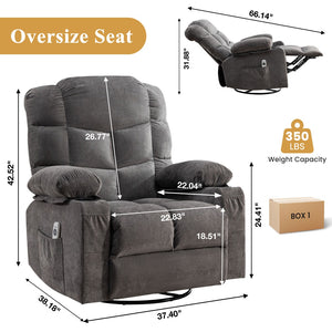 English Elm Oversized Swivel Recliner with Massage Heating Linen Upholstery and Usb Port Gray W1521P411670