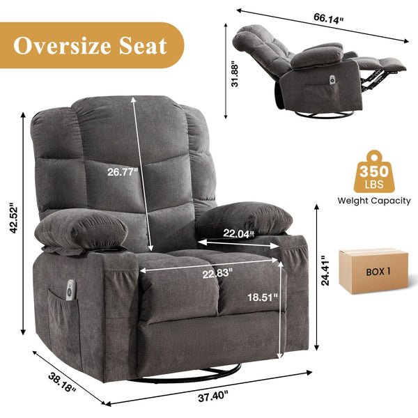 English Elm Oversized Swivel Recliner with Massage Heating Linen Upholstery and Usb Port Gray W1521P411670