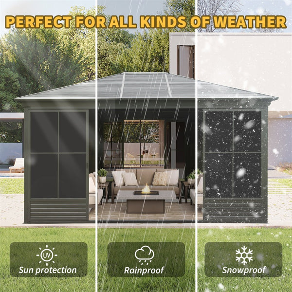 English Elm 12x14ft Outdoor Hardtop Gazebo Aluminum Sunroom with Adjustable Pc Screens All Season W1859P300399