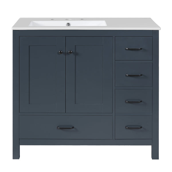 English Elm 36" Blue Bathroom Vanity with Ceramic Sink, 5 Drawers & Soft-Close Doors, Solid Wood Modern Storage N729P183735C