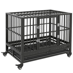 English Elm Pawhut 36" Heavy Duty Dog Crate With Lockable Wheels, Double Doors & Removable Tray For Easy Care W2225P200934-GIGA