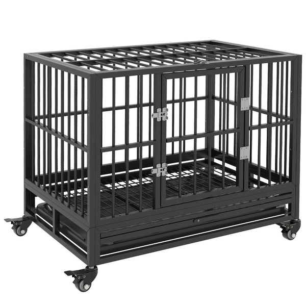 English Elm Pawhut 36" Heavy Duty Dog Crate With Lockable Wheels, Double Doors & Removable Tray For Easy Care W2225P200934-GIGA