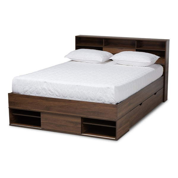 Baxton Studio Baxton Studio Modern Walnut Brown Queen Platform Bed with Built-In Storage & Concealed Shelving SEBED13017026-Columbia-Queen
