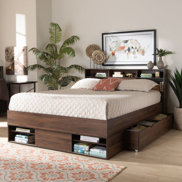 Baxton Studio Baxton Studio Modern Walnut Brown Queen Platform Bed with Built-In Storage & Concealed Shelving SEBED13017026-Columbia-Queen