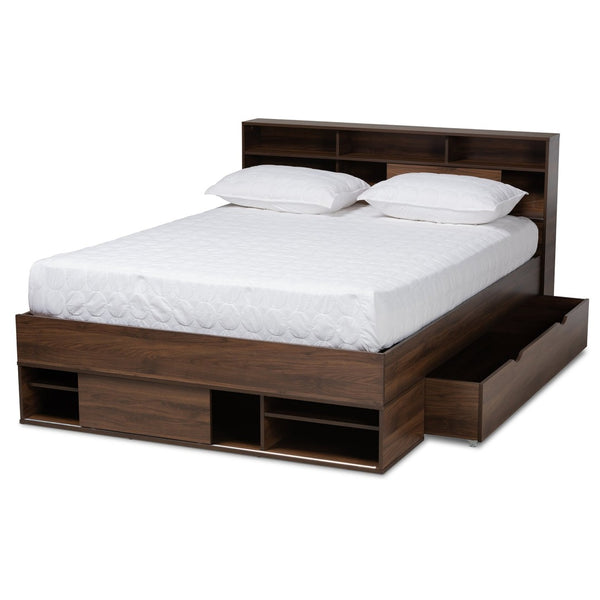 Baxton Studio Baxton Studio Modern Walnut Brown Queen Platform Bed with Built-In Storage & Concealed Shelving SEBED13017026-Columbia-Queen