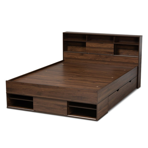 Baxton Studio Baxton Studio Modern Walnut Brown Queen Platform Bed with Built-In Storage & Concealed Shelving SEBED13017026-Columbia-Queen