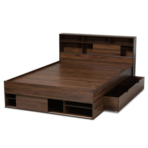 Baxton Studio Baxton Studio Modern Walnut Brown Queen Platform Bed with Built-In Storage & Concealed Shelving SEBED13017026-Columbia-Queen