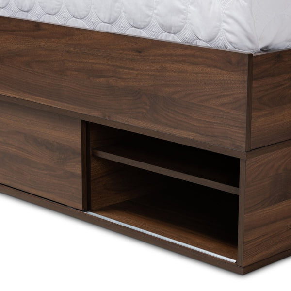 Baxton Studio Baxton Studio Modern Walnut Brown Queen Platform Bed with Built-In Storage & Concealed Shelving SEBED13017026-Columbia-Queen
