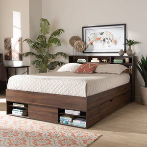 Baxton Studio Baxton Studio Modern Walnut Brown Queen Platform Bed with Built-In Storage & Concealed Shelving SEBED13017026-Columbia-Queen