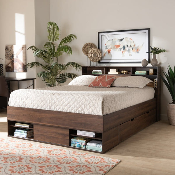 Baxton Studio Baxton Studio Modern Walnut Brown Queen Platform Bed with Built-In Storage & Concealed Shelving SEBED13017026-Columbia-Queen