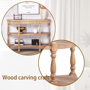 English Elm Handcrafted Oval Console Table Woven Corn Husk Trim Spindle Legs Three Tier Entryway W2729P298160
