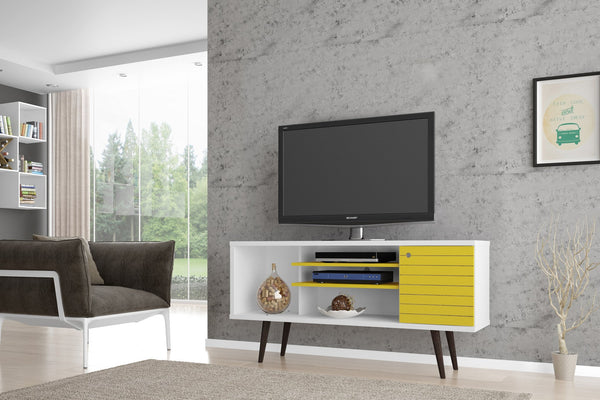 English Elm Liberty 53" Mid-Century Modern Tv Stand In White & Vibrant Yellow With Smart Storage Solutions B365P398338