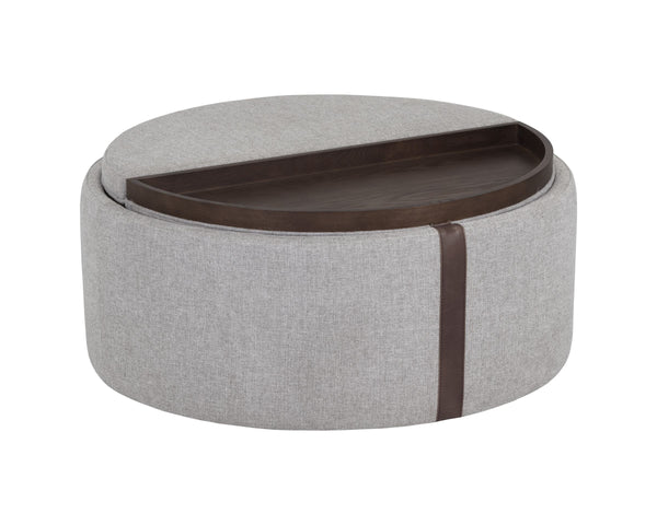 Sunpan Borelli Wheeled Round Ottoman with Convertible Wood Top and Concealed Storage Space 107523V