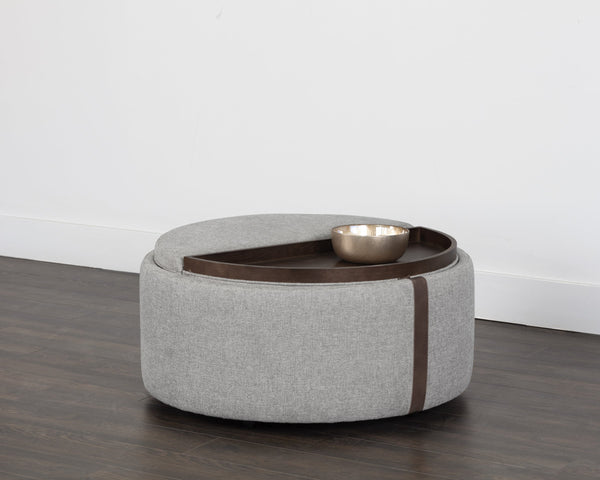 Sunpan Borelli Wheeled Round Ottoman with Convertible Wood Top and Concealed Storage Space 107523V