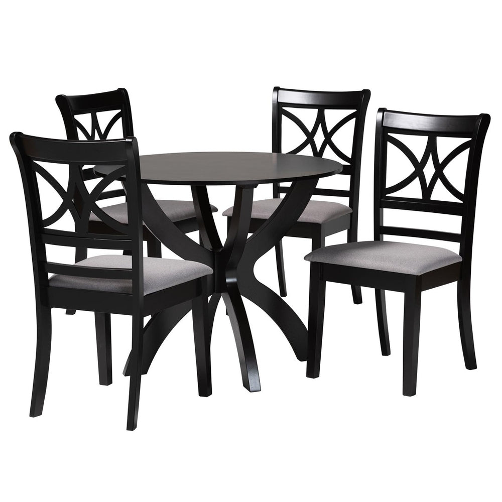 Baxton Studio Baxton Noemi 5-Piece Modern Dining Set: Stylish Grey Fabric Chairs & Round Table for Cozy Spaces Noemi-Grey/Dark Brown-5PC Dining Set