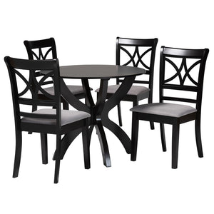 Baxton Studio Baxton Noemi 5-Piece Modern Dining Set: Stylish Grey Fabric Chairs & Round Table for Cozy Spaces Noemi-Grey/Dark Brown-5PC Dining Set