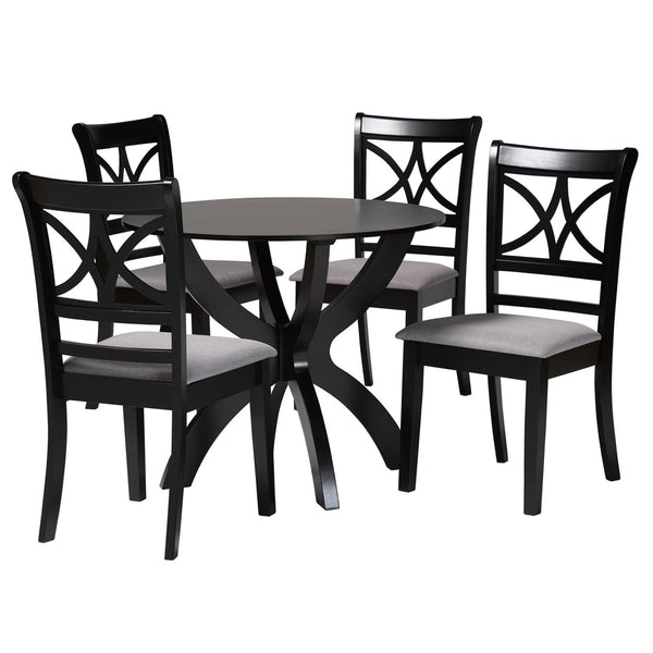 Baxton Studio Baxton Noemi 5-Piece Modern Dining Set: Stylish Grey Fabric Chairs & Round Table for Cozy Spaces Noemi-Grey/Dark Brown-5PC Dining Set