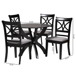 Baxton Studio Baxton Noemi 5-Piece Modern Dining Set: Stylish Grey Fabric Chairs & Round Table for Cozy Spaces Noemi-Grey/Dark Brown-5PC Dining Set