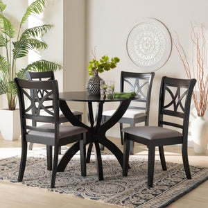 Baxton Studio Baxton Noemi 5-Piece Modern Dining Set: Stylish Grey Fabric Chairs & Round Table for Cozy Spaces Noemi-Grey/Dark Brown-5PC Dining Set