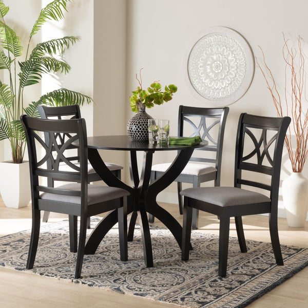 Baxton Studio Baxton Noemi 5-Piece Modern Dining Set: Stylish Grey Fabric Chairs & Round Table for Cozy Spaces Noemi-Grey/Dark Brown-5PC Dining Set
