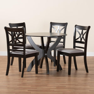 Baxton Studio Baxton Noemi 5-Piece Modern Dining Set: Stylish Grey Fabric Chairs & Round Table for Cozy Spaces Noemi-Grey/Dark Brown-5PC Dining Set