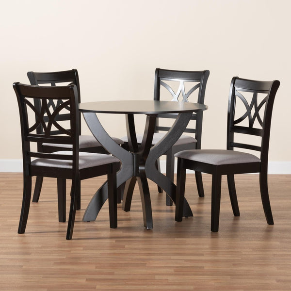 Baxton Studio Baxton Noemi 5-Piece Modern Dining Set: Stylish Grey Fabric Chairs & Round Table for Cozy Spaces Noemi-Grey/Dark Brown-5PC Dining Set