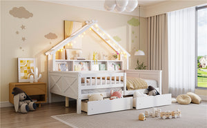 English Elm Wood Full Size Gaming Loft Bed with Integrated Desk, Shelves, LED Lighting & Hanging Clothes Rack White N7090001044K