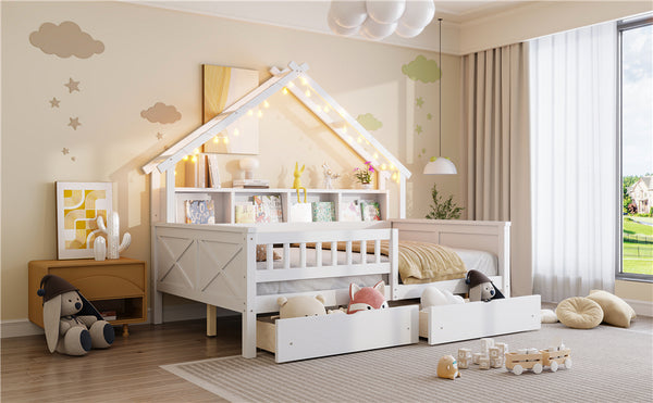 English Elm Wood Full Size Gaming Loft Bed with Integrated Desk, Shelves, LED Lighting & Hanging Clothes Rack White N7090001044K