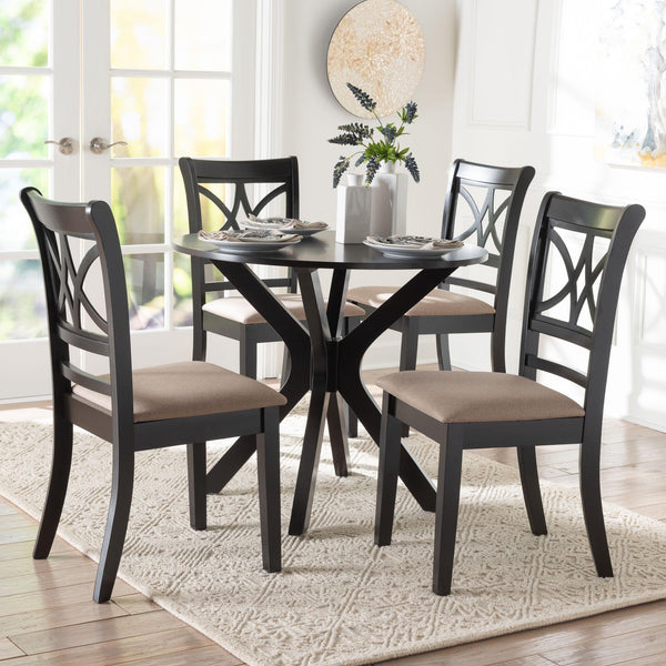 Baxton Studio Baxton Julia 5-Piece Dining Set — Compact Mid-Century Round Table & Upholstered Chairs, Sand Finish Julia-Sand/Dark Brown-5PC Dining Set