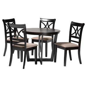 Baxton Studio Baxton Penny 5-Piece Dining Set – Compact Mid-Century Round Table With Plush Upholstered Chairs Penny-Sand/Dark Brown-5PC Dining Set