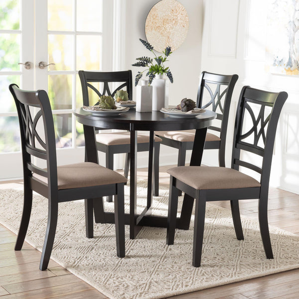 Baxton Studio Baxton Penny 5-Piece Dining Set – Compact Mid-Century Round Table With Plush Upholstered Chairs Penny-Sand/Dark Brown-5PC Dining Set