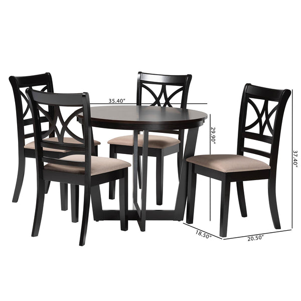 Baxton Studio Baxton Penny 5-Piece Dining Set – Compact Mid-Century Round Table With Plush Upholstered Chairs Penny-Sand/Dark Brown-5PC Dining Set
