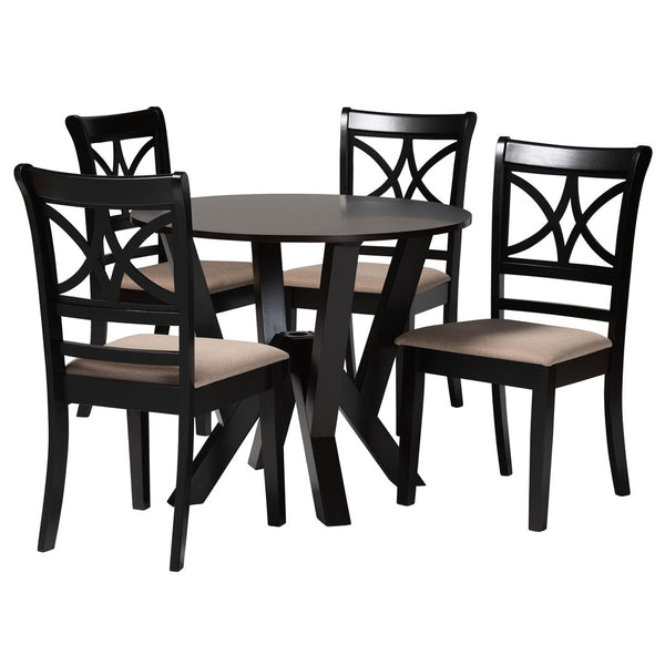 Baxton Studio Baxton Studio Mari 5-Piece Modern Dining Set: Beige Fabric & Dark Wood Round Table & Chairs Mari-Sand/Dark Brown-5PC Dining Set