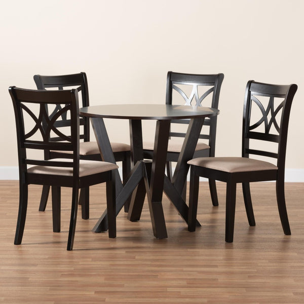 Baxton Studio Baxton Studio Mari 5-Piece Modern Dining Set: Beige Fabric & Dark Wood Round Table & Chairs Mari-Sand/Dark Brown-5PC Dining Set