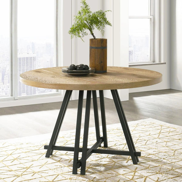 English Elm 47"W Rustic Round Dining Table with Distressed Oak Top & Industrial Metal Base for Entertaining B016S00039