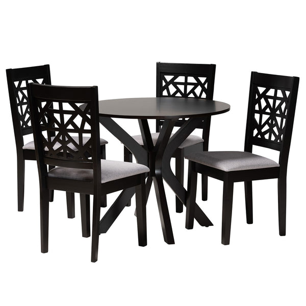 Baxton Studio Baxton Modern Grey Fabric and Espresso Wood 5-Piece Dining Set for Stylish Comfort and Elegance Karel Karel-Grey/Dark Brown-5PC Dining Set