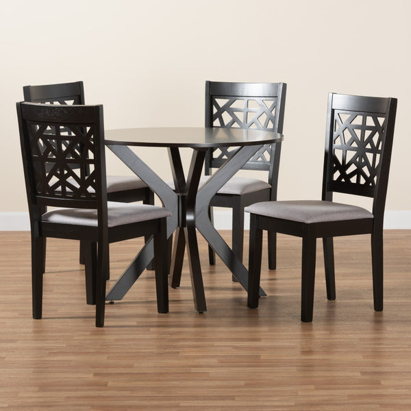 Baxton Studio Baxton Modern Grey Fabric and Espresso Wood 5-Piece Dining Set for Stylish Comfort and Elegance Karel Karel-Grey/Dark Brown-5PC Dining Set