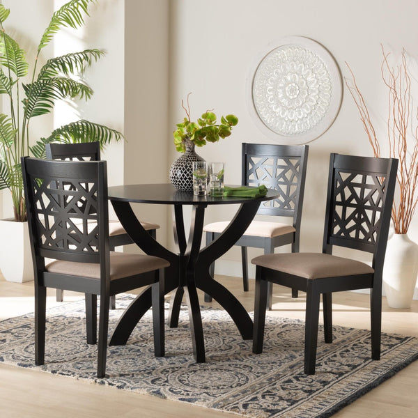 Baxton Studio Baxton Studio Lena 5-Piece Modern Dining Set with Round Table & Beige Upholstered Chairs, Space-Saving Design Lena-Sand/Dark Brown-5PC Dining Set