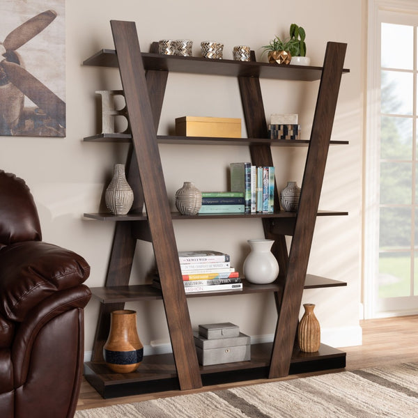 Baxton Studio Baxton Studio Michio 5-Tier Walnut Brown Display Shelf - Modern Geometric Storage for Living Spaces SEDV50140-Columbia-Shelf