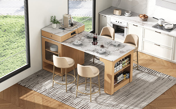 English Elm K&K Modern Extendable 59.5" Kitchen Island with Double-Sided Storage, Power Outlet & Casters Natural N707S000017Y