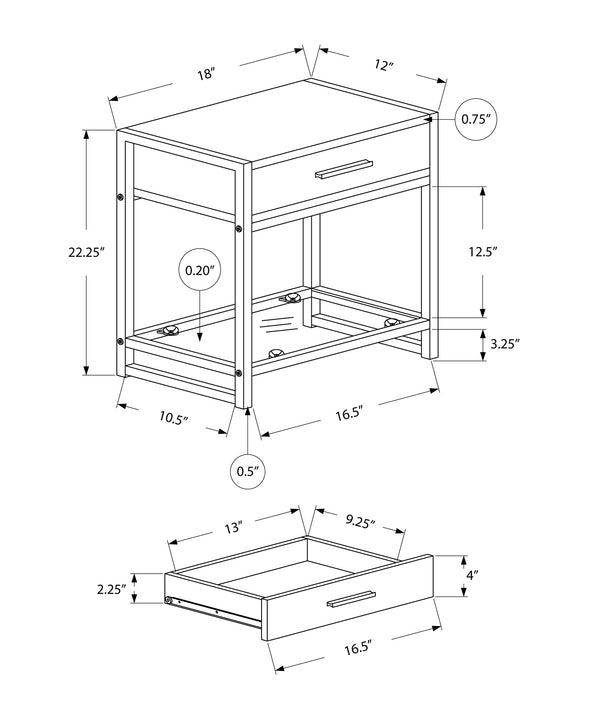 English Elm Accent Table with Storage Drawer and Glass Shelf, Modern Metal Frame End Table for Living Room Bedroom White 25 L x 14 W x 9 H B2710P219316