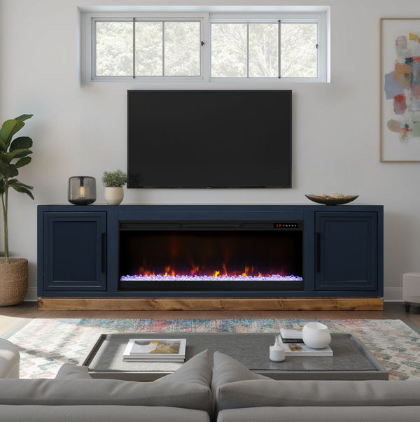 English Elm Nora 81 Inch Fireplace TV Stand with 42" Electric Insert, Two-Tone Alder & Poplar Craftsmanship Blue B108P345197