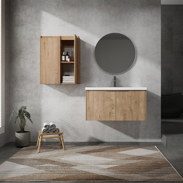 English Elm 36" Wall-Mounted Bathroom Vanity With Sink & Side Cabinets – Modern Soft-Close Design & Storage Solutions W999S00223
