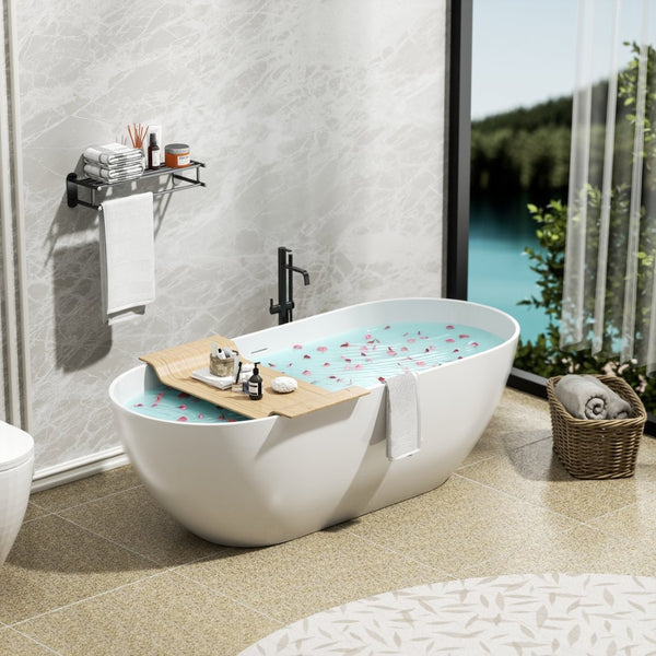 English Elm 60" Oval Acrylic Freestanding Soaking Tub Glossy White Spa Bath with Pop-up Drain W1920P385614
