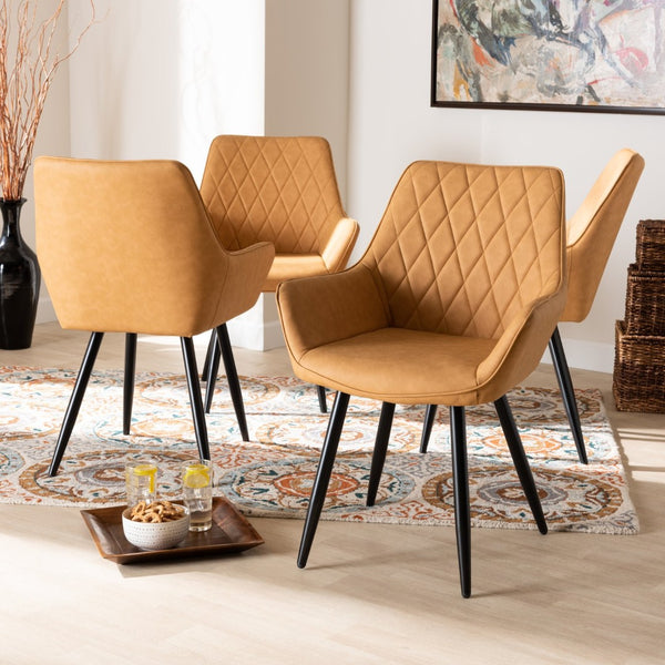 Baxton Studio Baxton Astrid 4-Piece Mid-Century Dining Chair Set in Tan Faux Leather with Black Metal Legs 19A09-Tan/Black-DC