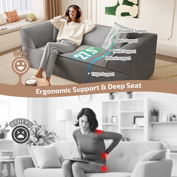 English Elm 3-in-1 Convertible Sofa Bed Sparkling Chenille 79.5" Deep Seat 3-Seater with Chaise & Pillows Grey W3219P369308