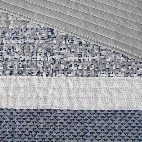 English Elm 6 Piece Rhapsody Reversible Jacquard Quilt Set Navy & Grey Full/Queen with 3 Decorative Pillows, Machine Washable B03597589